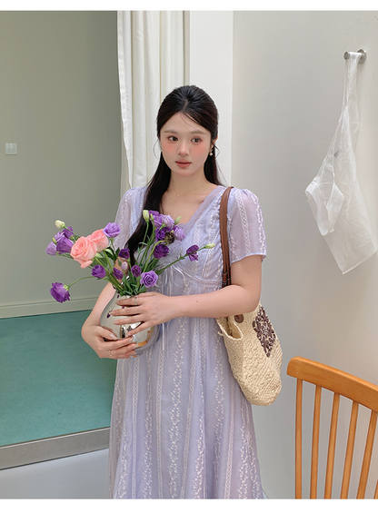 大きいサイズ レディース レースVネックドット刺繍Aラインワンピース LL 3L 4L 5L 6L