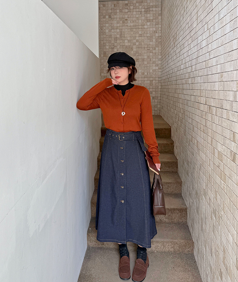 大きいサイズ レディース 起毛フェイクデニムベルト付ボタンダウンロングスカート LL 3L 4L 5L