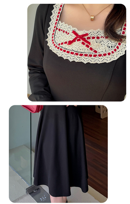 大きいサイズ レディース スクエアネックリボンレースワンピース LL 3L 4L 5L