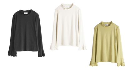 大きいサイズ レディース フリルネックスリムフィット長袖トップス LL 3L 4L 5L