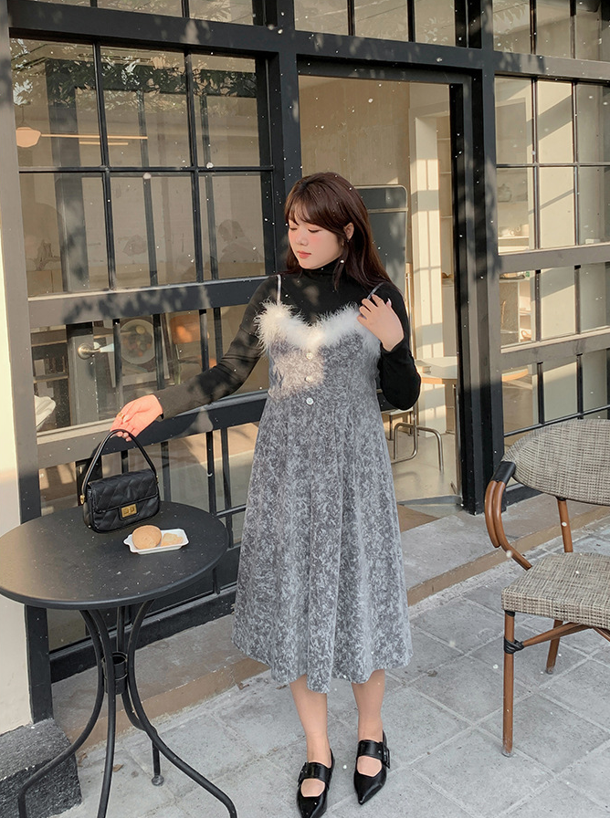 大きいサイズ レディース  ファーベルベットスリップワンピースヴィンテージプリント LL 3L 4L 5L