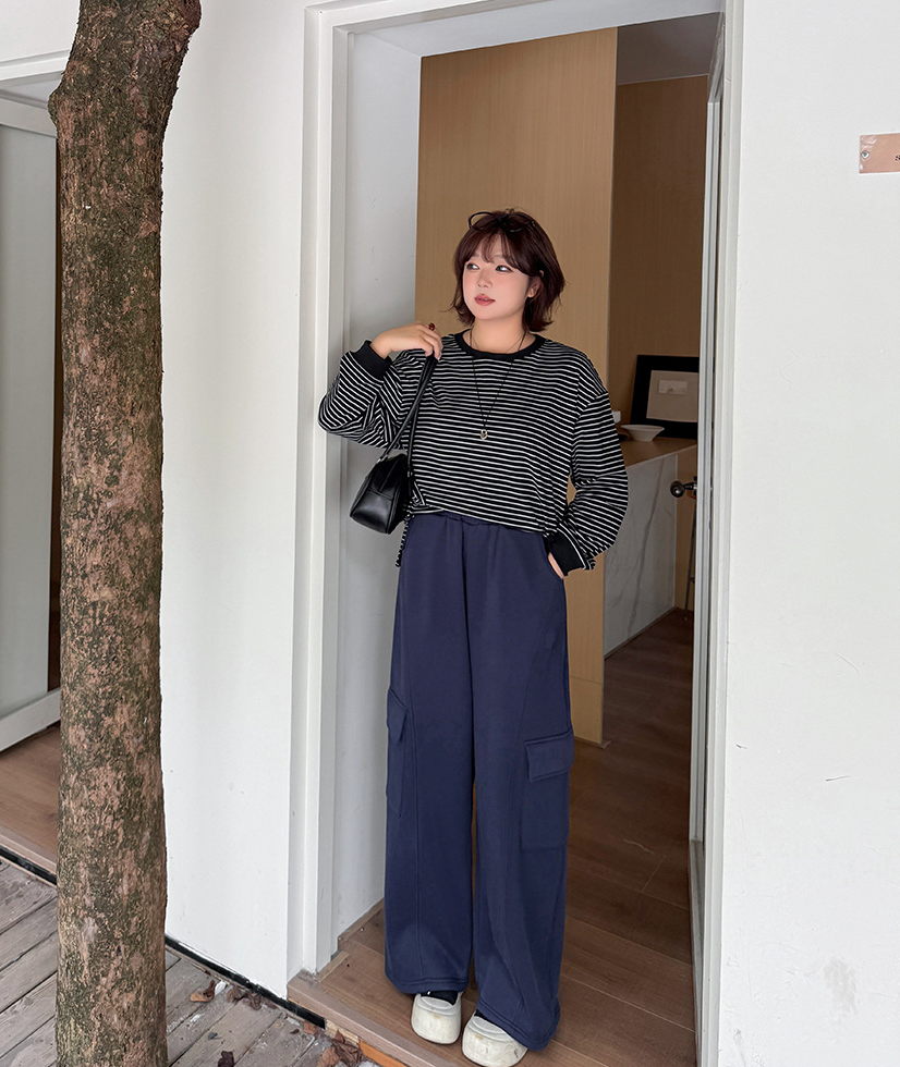 大きいサイズ レディース ニットフリース裏地ワイドレッグカーゴパンツ LL 3L 4L 5L