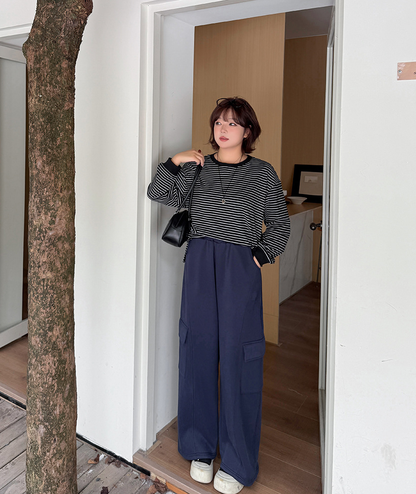 大きいサイズ レディース ニットフリース裏地ワイドレッグカーゴパンツ LL 3L 4L 5L