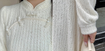 大きいサイズ レディース チャイナ風レトロ花柄ビーズボタンレースワンピース LL 3L 4L 5L