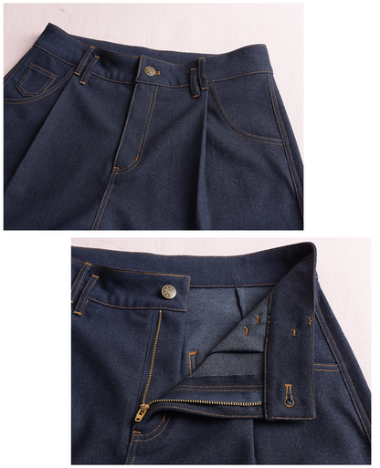 大きいサイズ レディース デニム風プリーツストレートワイドレッグパンツ LL 3L 4L 5L