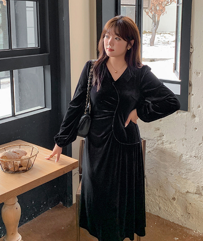 大きいサイズ レディース Vネックラインストーン装飾エレガントベルベットワンピース LL 3L 4L 5L