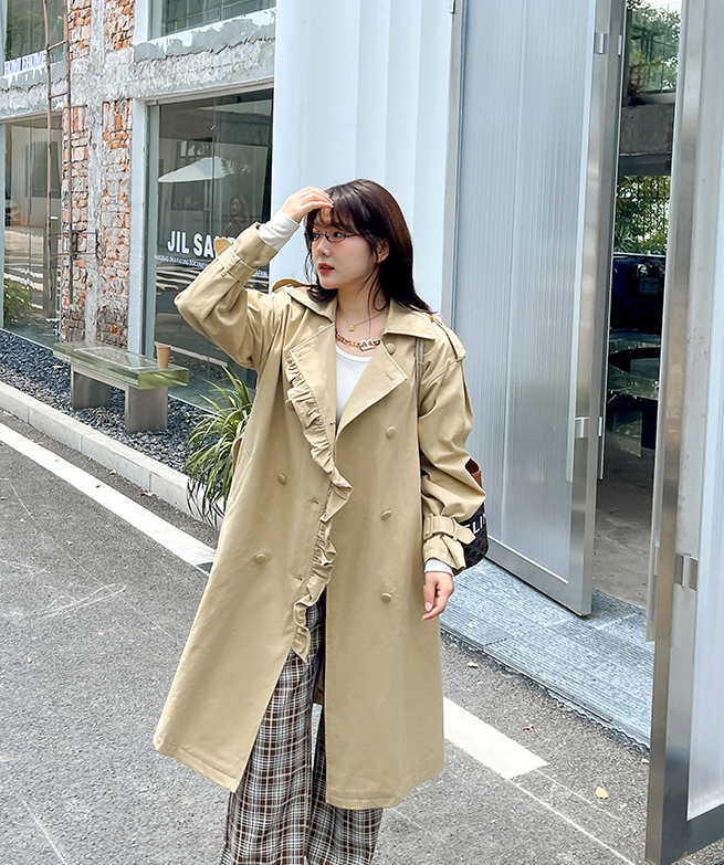 大きいサイズ レディース フリルラペルダブルブレストベルト付きロングトレンチコート LL 3L 4L 5L