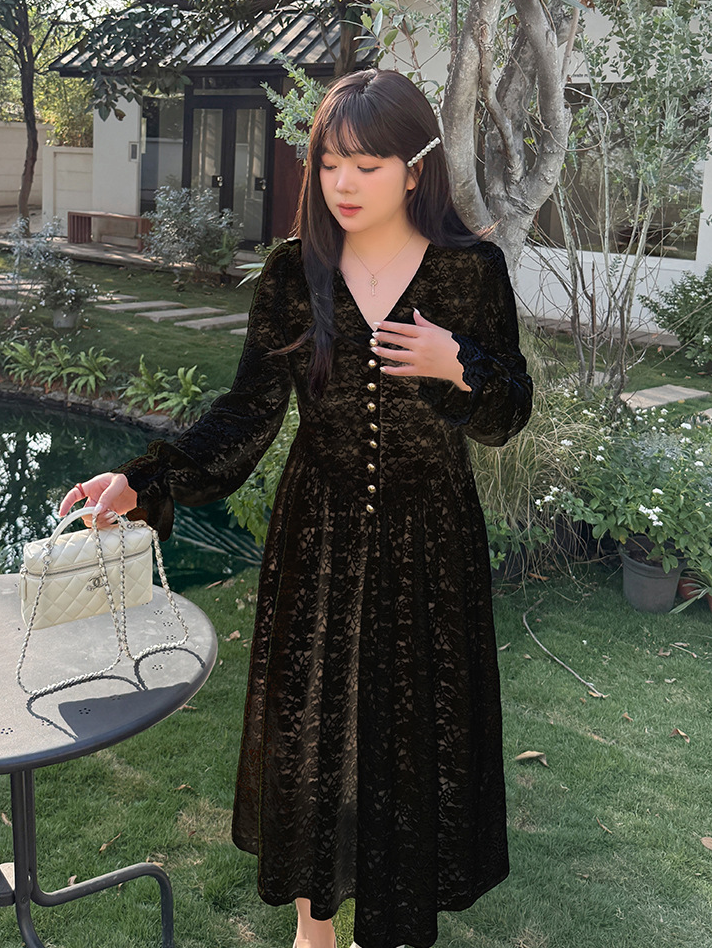 大きいサイズ レディース Vネックビーズボタン花柄レースワンピース LL 3L 4L 5L