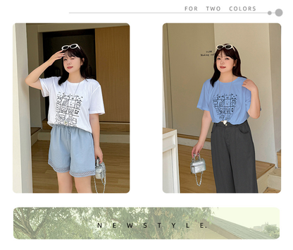 大きいサイズ レディース カジュアルイラストプリントコットン半袖Tシャツ LL 3L 4L 5L