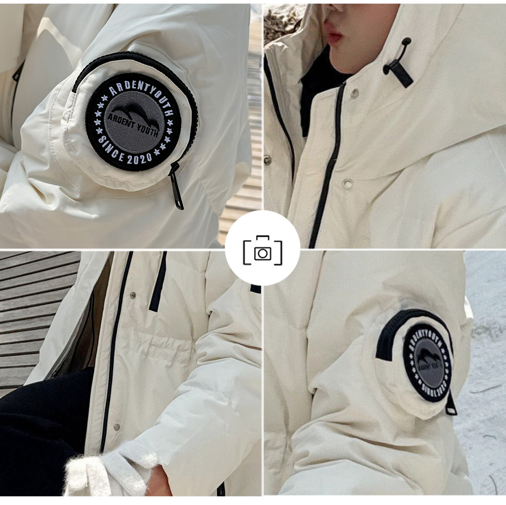 大きいサイズ レディース フード付きロゴ刺繍ワッペンミドル丈ダックダウンジャケット LL 3L