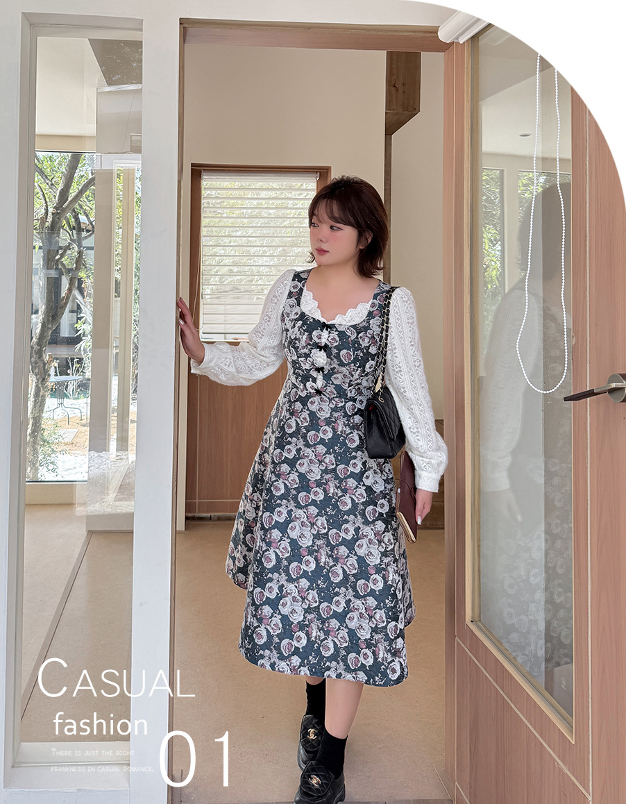 大きいサイズ レディース フレンチレースジャカードパッチワーク花柄ワンピース LL 3L 4L 5L