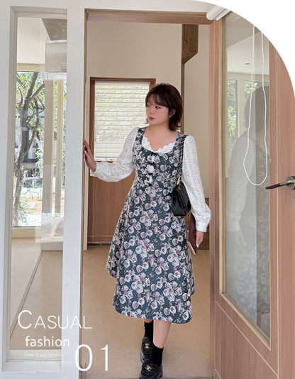 大きいサイズ レディース フレンチレースジャカードパッチワーク花柄ワンピース LL 3L 4L 5L