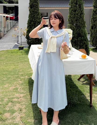 大きいサイズ レディース 刺繍入りショール付きポロカラーロングワンピース LL 3L 4L 5L 6L