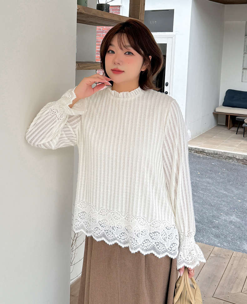 大きいサイズ レディース ストライプ×レース フレンチガーリーブラウス LL 3L 4L 5L