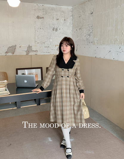 大きいサイズ レディース ブラックラペルフロックリボンチェック柄プリーツワンピース LL 3L 4L 5L