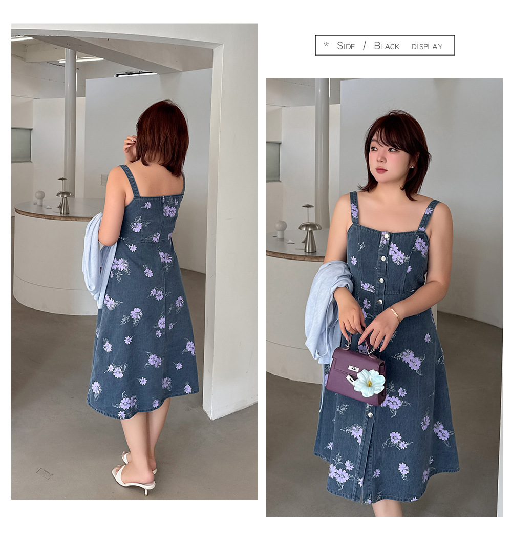 大きいサイズ レディース レトロ花柄デニムキャミソールワンピース LL 3L 4L 5L