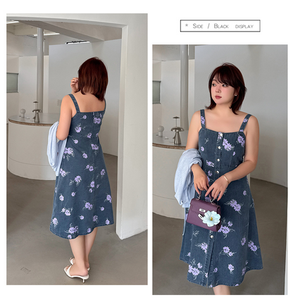 大きいサイズ レディース レトロ花柄デニムキャミソールワンピース LL 3L 4L 5L
