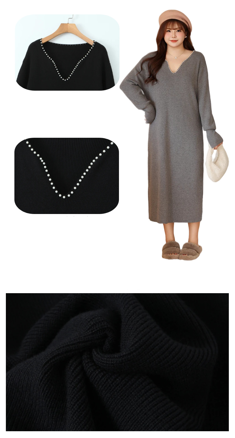 大きいサイズ レディース パールVネックスイートニットフレンチワンピース LL 3L 4L