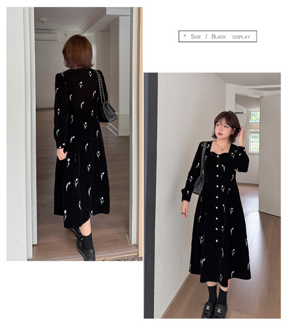大きいサイズ レディース フレンチスクエアネックチューリップ刺繍ベルベットワンピース LL 3L 4L 5L