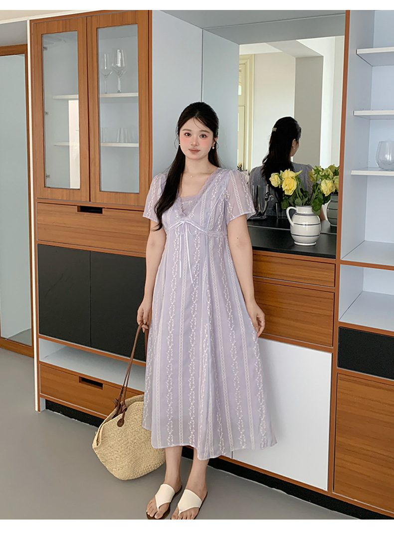 大きいサイズ レディース レースVネックドット刺繍Aラインワンピース LL 3L 4L 5L 6L