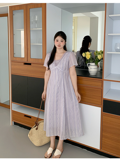 大きいサイズ レディース レースVネックドット刺繍Aラインワンピース LL 3L 4L 5L 6L