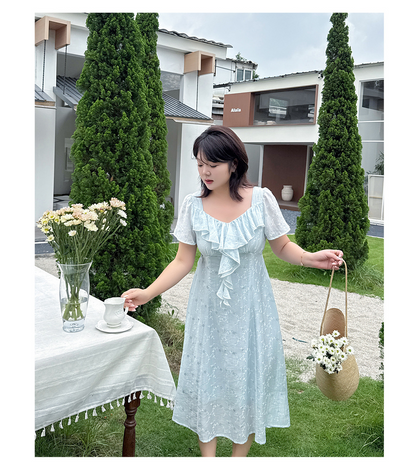 大きいサイズ レディース シアーフレンチフリルフラワーワンピース LL 3L 4L 5L