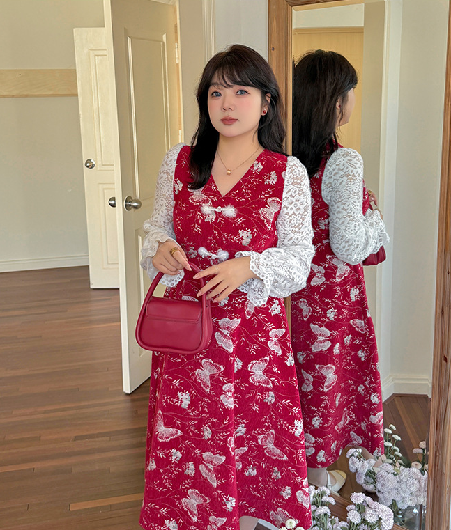 大きいサイズ レディース フェイクツーピースバタフライ刺繍レースワンピース LL 3L 4L 5L