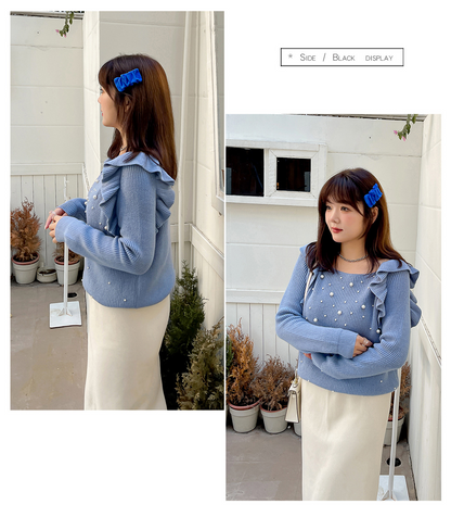 大きいサイズ レディース ビーズフリルオフショルダーニットセーター LL 3L 4L 5L