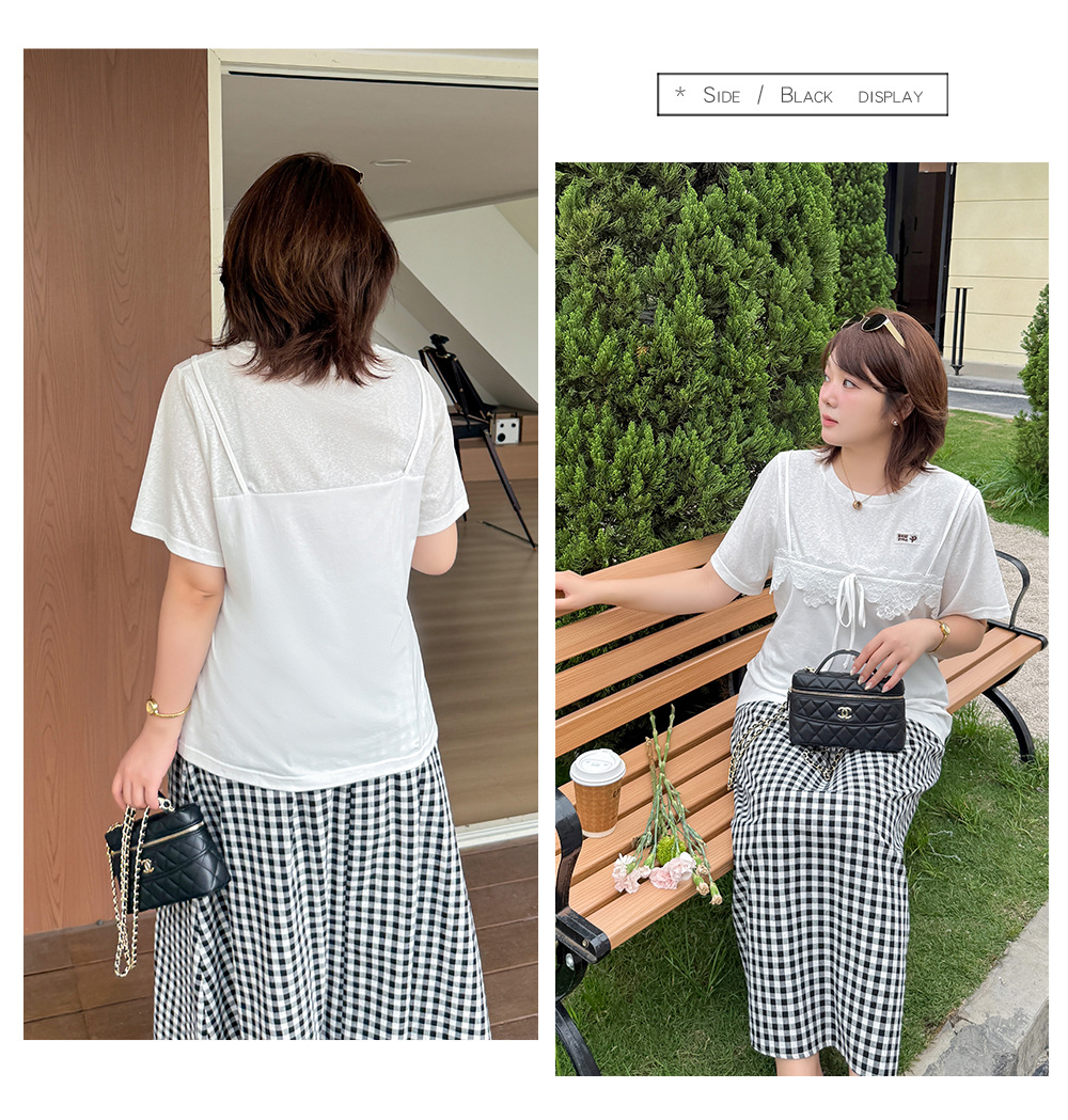 大きいサイズ レディース フェイクレイヤードレースリボンTシャツ LL 3L 4L 5L