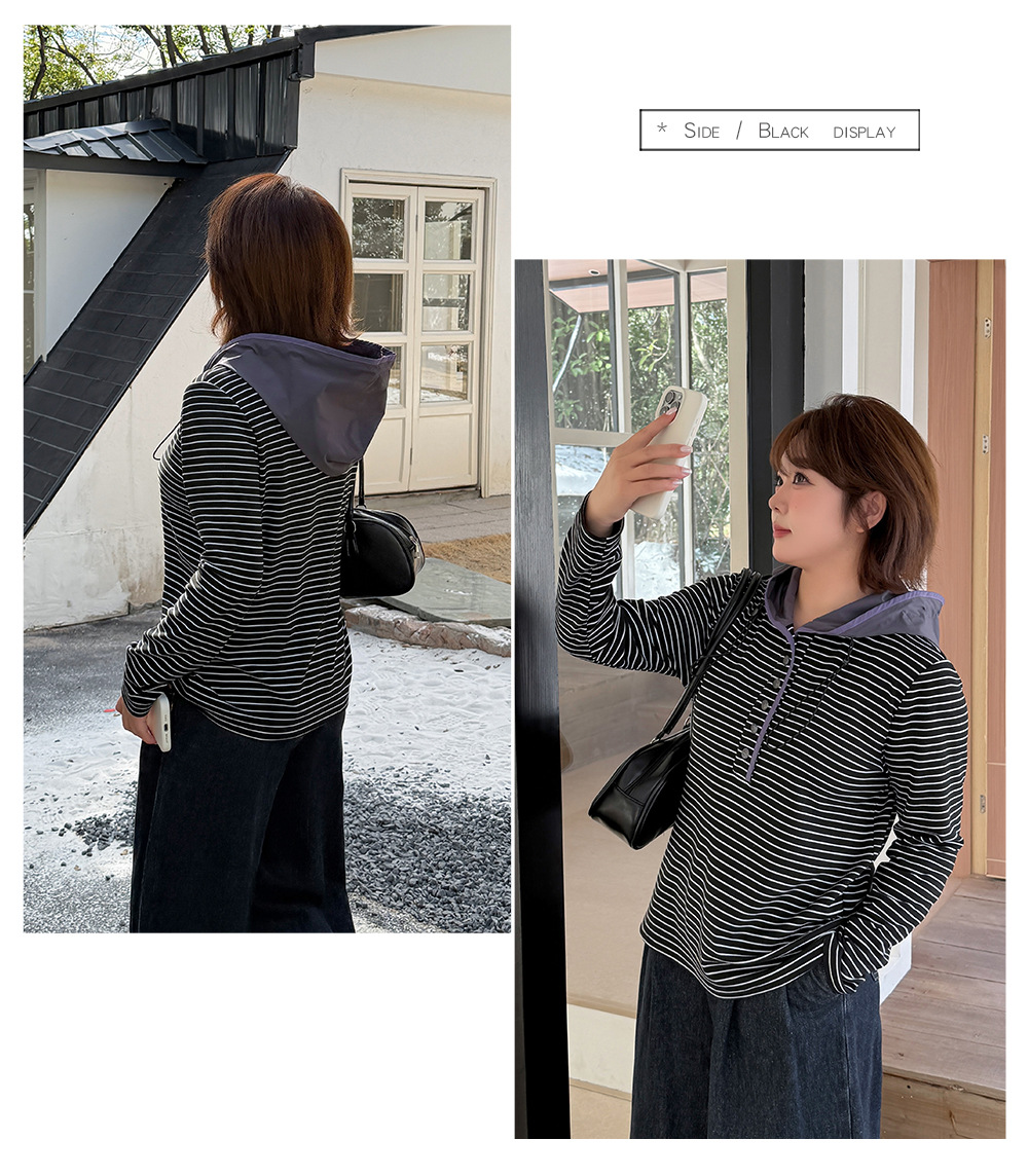 大きいサイズ レディース フード付きストライプ柄ベースレイヤーフリースシャツ LL 3L 4L 5L