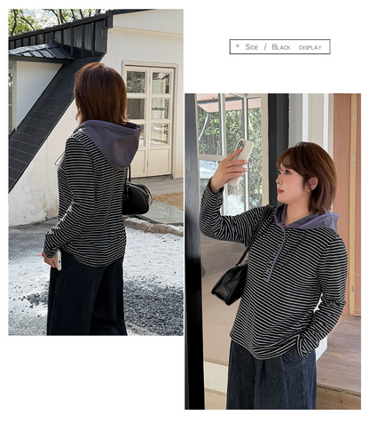 大きいサイズ レディース フード付きストライプ柄ベースレイヤーフリースシャツ LL 3L 4L 5L