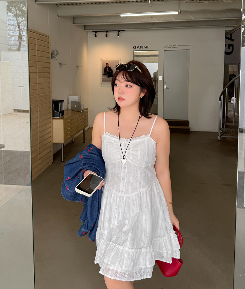 大きいサイズ レディース ストライプ柄ジャカードコットンフリルワンピース（ミニ / ロング） LL 3L 4L 5L