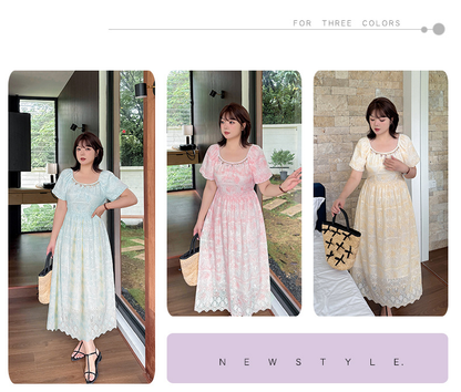 大きいサイズ レディース 貝殻型飾り付きスクエアネック花柄刺繍レースワンピース LL 3L 4L 5L