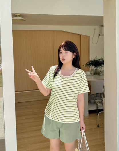 大きいサイズ レディース クルーネックストーン飾りストライプ半袖Tシャツ LL 3L 4L 5L