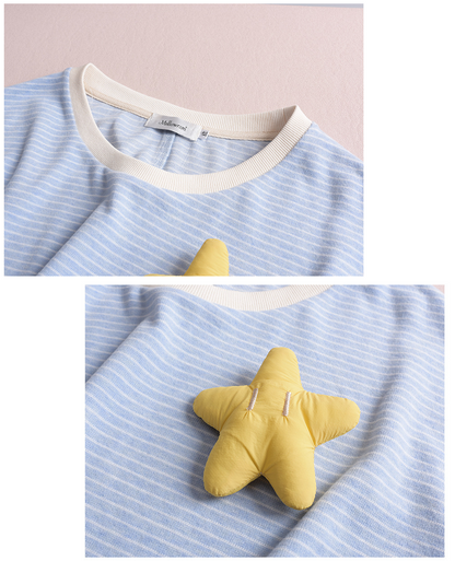 大きいサイズ レディース 星飾り付きラウンドネックニット長袖ストライプTシャツ LL 3L 4L 5L