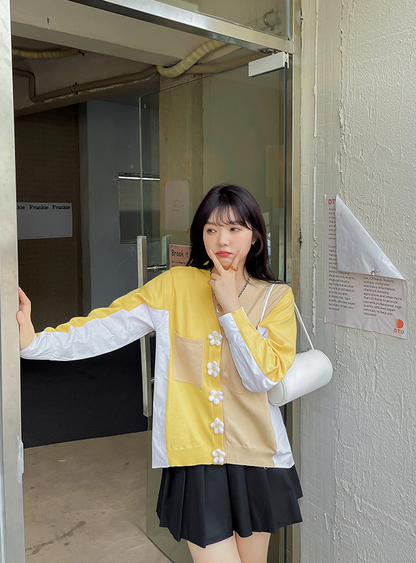 大きいサイズ レディース Vネックフラワーボタンカラーブロックカーディガン LL 3L 4L 5L