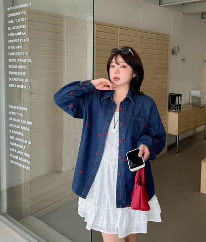 大きいサイズ レディース ポニー刺繍カジュアルウォッシュデニムシャツ 3L 4L 5L