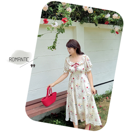 大きいサイズ レディース リボンフリル花柄プリントバブルスリーブワンピース LL 3L 4L 5L