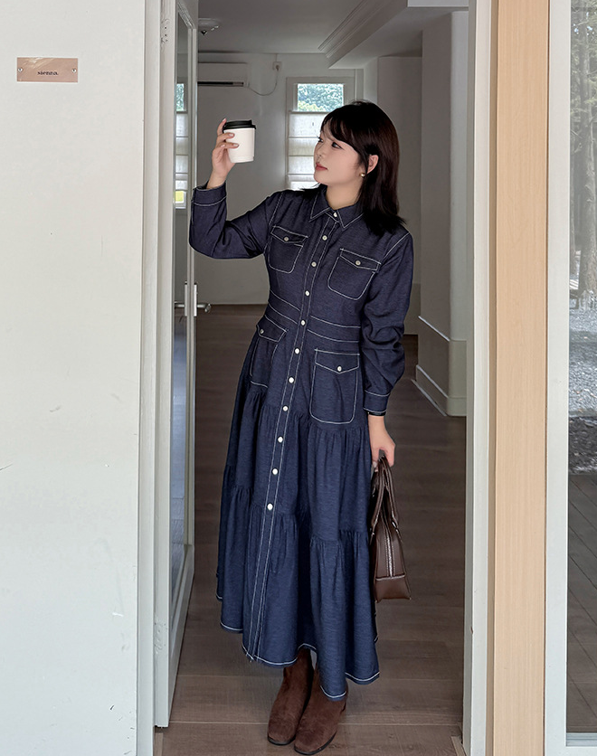 大きいサイズ レディース フリル厚手デニムシャツロングワンピース LL 3L 4L 5L