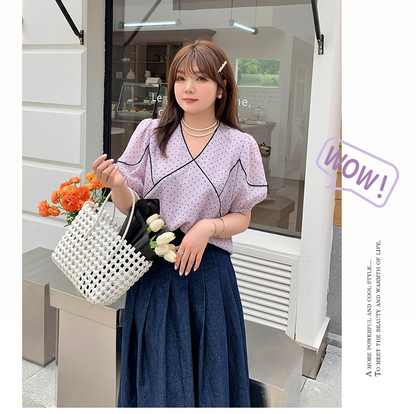 大きいサイズ レディース フレンチVネック水玉模様シースルートップス LL 3L 4L 5L
