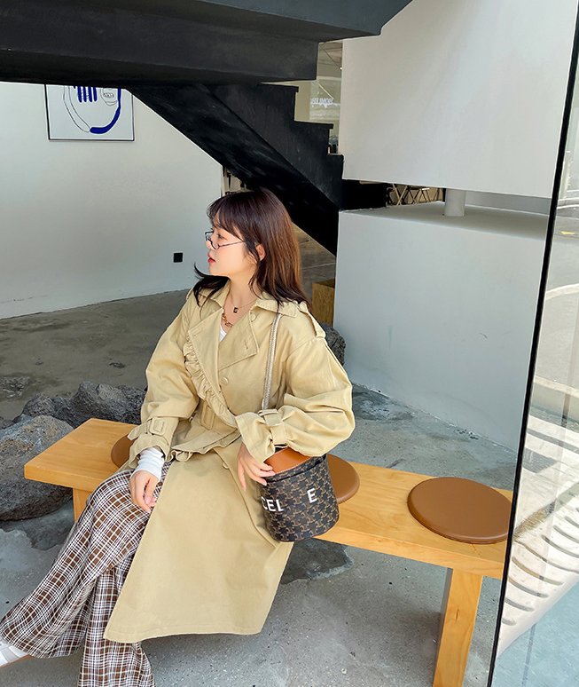 大きいサイズ レディース フリルラペルダブルブレストベルト付きロングトレンチコート LL 3L 4L 5L