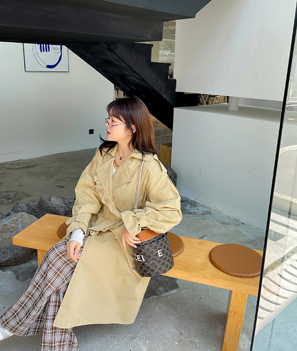 大きいサイズ レディース フリルラペルダブルブレストベルト付きロングトレンチコート LL 3L 4L 5L