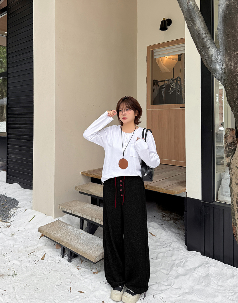 大きいサイズ レディース フラワーボタン付きフリース裏地スウェットパンツ LL 3L 4L 5L