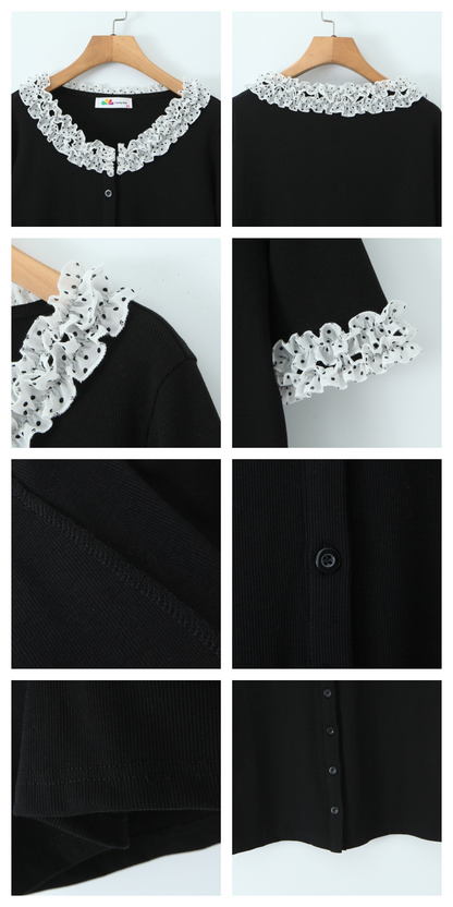 大きいサイズ レディース ドット柄レーストリム半袖トップス LL 3L 4L 5L