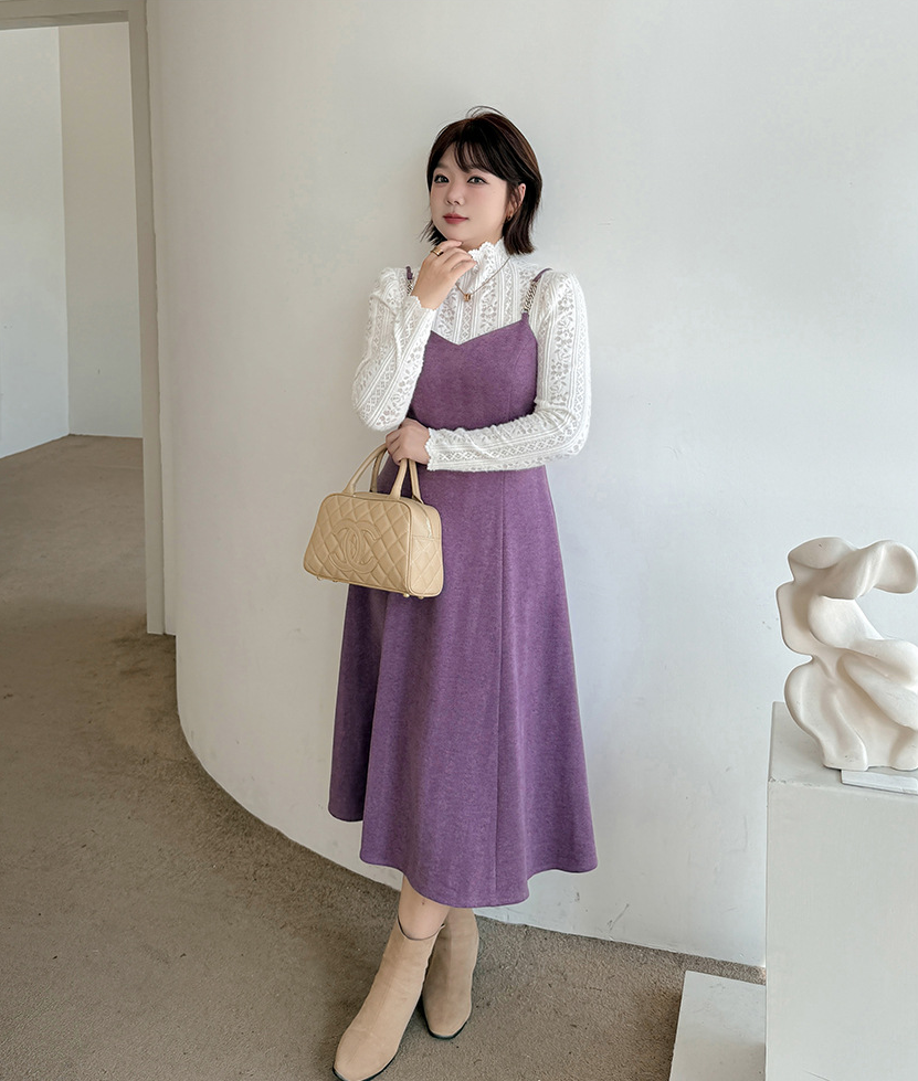 大きいサイズ レディース ツーピースセット（レーストップス+スリップワンピース） LL 3L 4L 5L