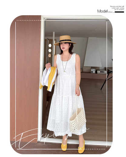 大きいサイズ レディース ホワイトノースリーブレースティアードワンピース LL 3L 4L 5L