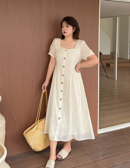 大きいサイズ レディース スクエアネック木目フラワーボタンマキシワンピース LL 3L 4L 5L