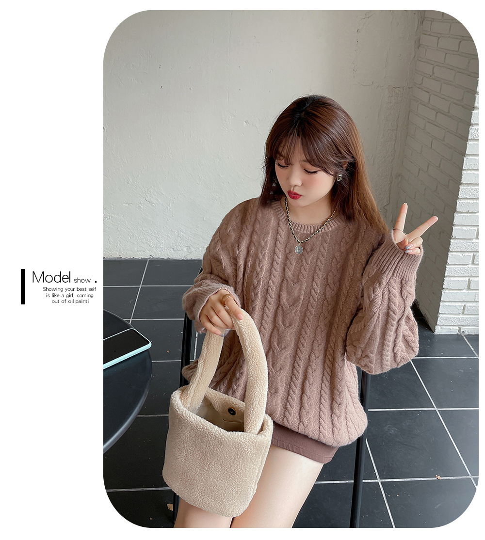 大きいサイズ レディース ラウンドネックケーブル編みカレッジスタイルセーター LL 3L 4L