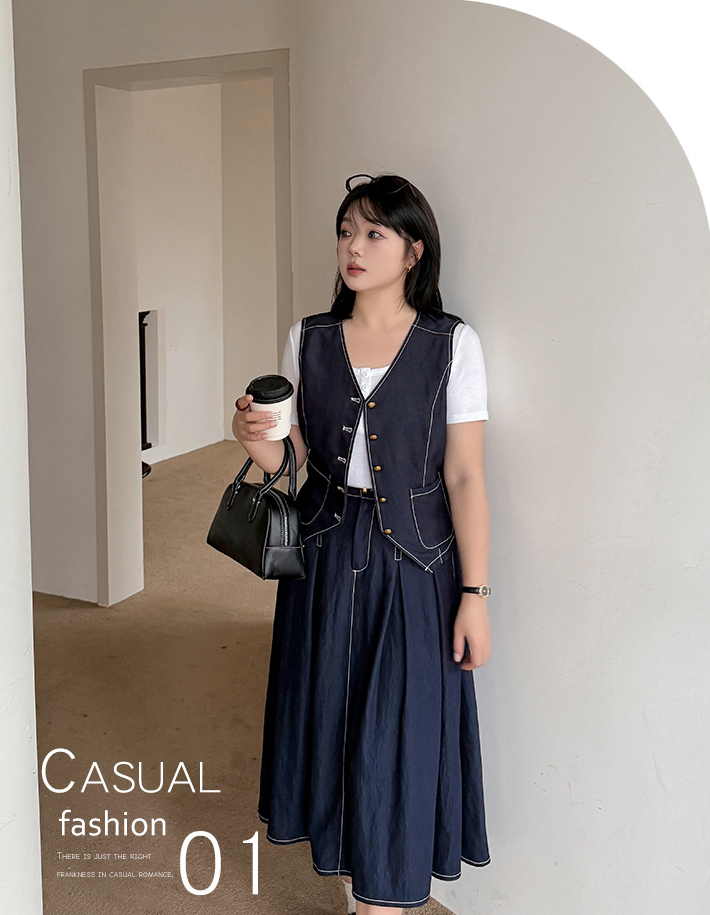 大きいサイズ レディース ネイビーブルーデニムツーピース（ベスト＋スカート） LL 3L 4L 5L