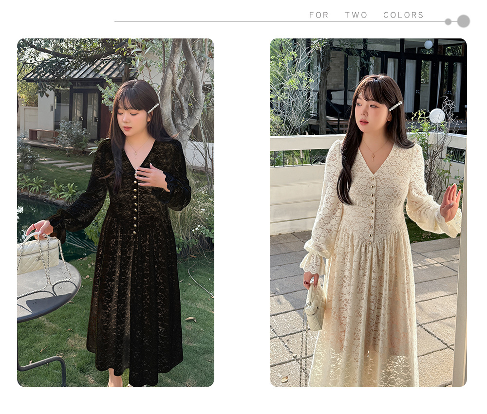 大きいサイズ レディース Vネックビーズボタン花柄レースワンピース LL 3L 4L 5L